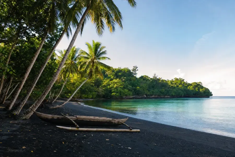 A black-sand bay with leaning coconut palms and an outrigger canoe on the sand (AI-generated image)