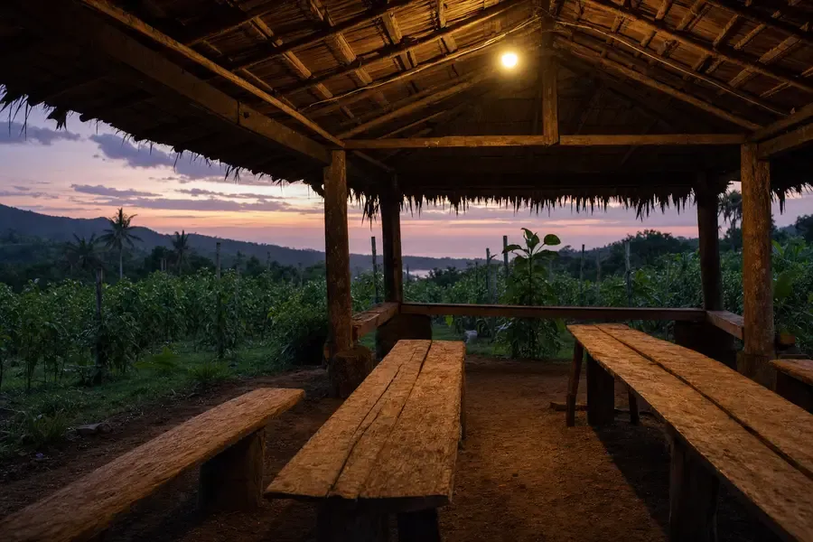 An open-sided timber and thatch shelter at dusk lit by a single bulb (AI-generated image)