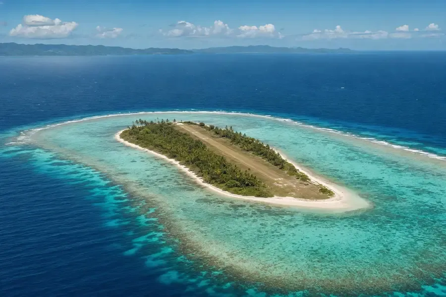 A low uninhabited sand cay ringed by turquoise reef with an airstrip down its length (AI-generated image)
