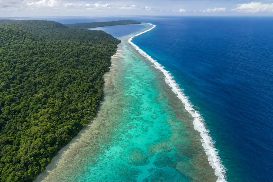 Reef shelf and forested coastline of Vanuatu seen from the air (AI-generated image)